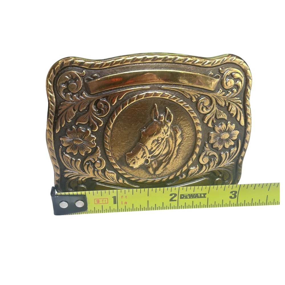 Vintage Horse Head Belt Buckle Brass Tone Western Floral Engravable Made in‎ USA - Picture 2 of 6